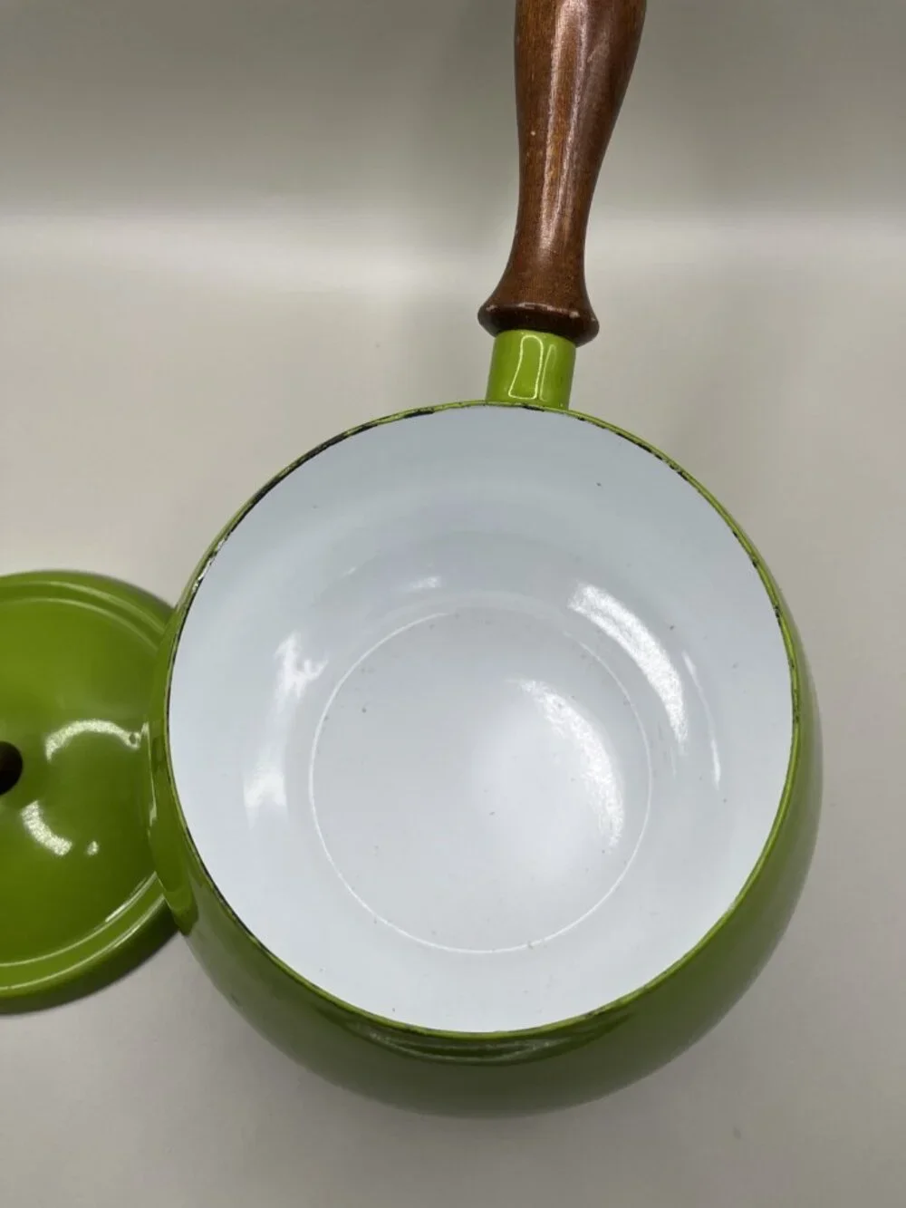 Vintage Enamel Mid Century Avocado Green Wood Handle Sauce Pan MCM Retro 70s